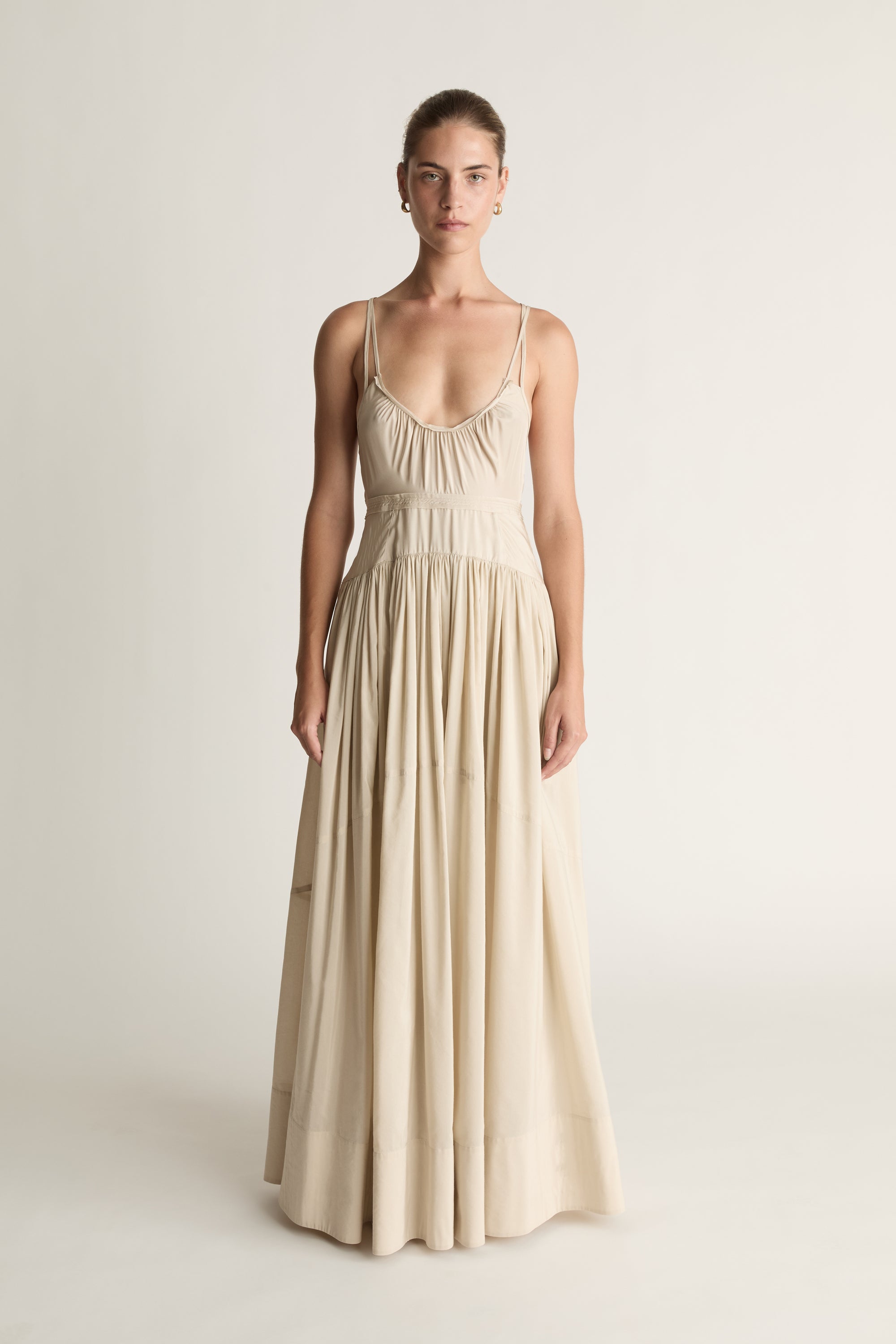 beige cami dress Women's Summer Beach Cami Maxi Dress with Cut-Out Front and Ruffle Hem –  Canary Houze main image 1