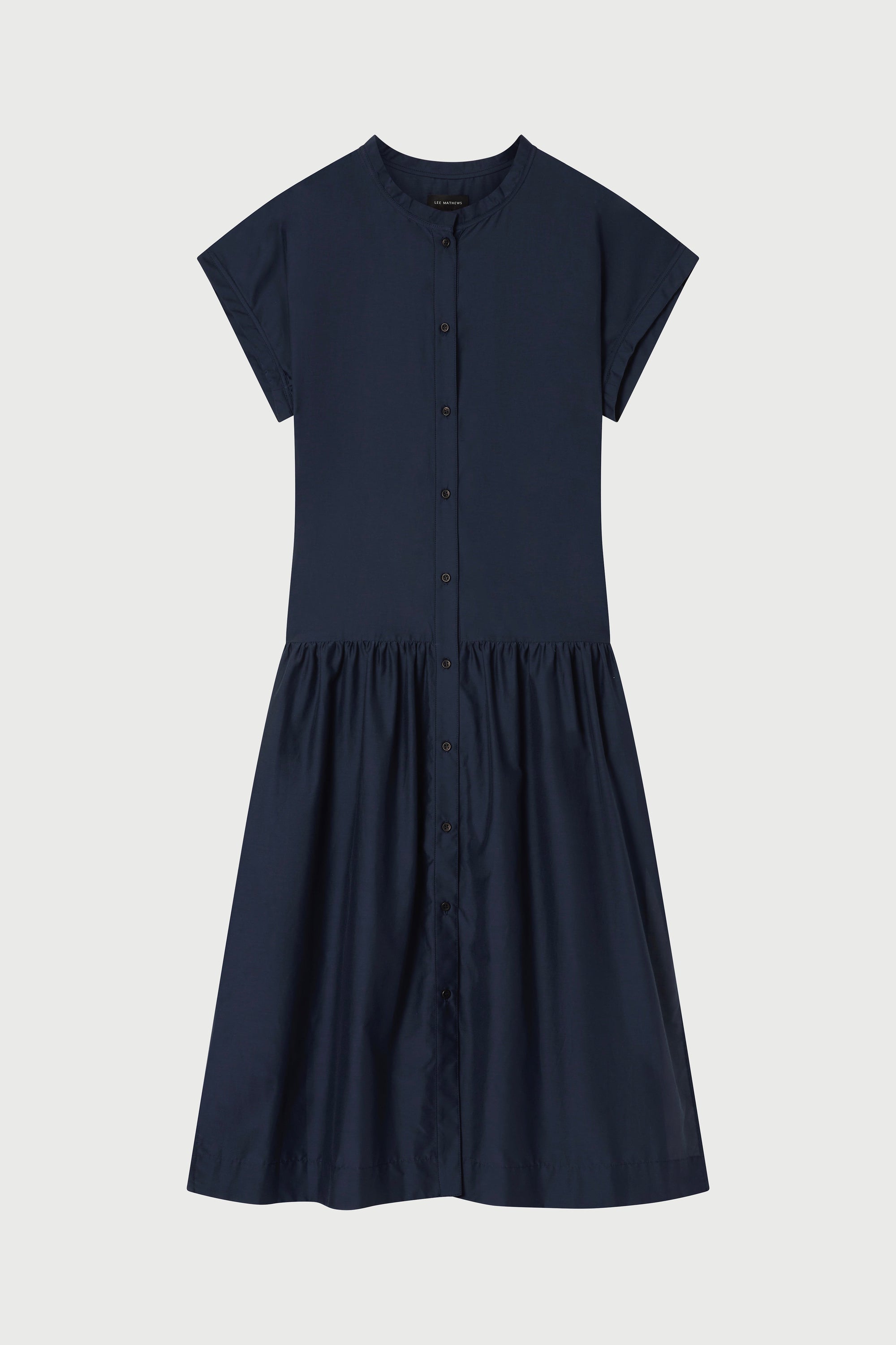 Navy blue dress on a light gray background