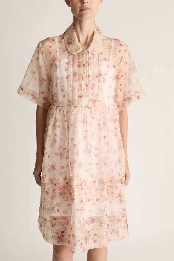 Woman wearing a floral mini dress on a white background