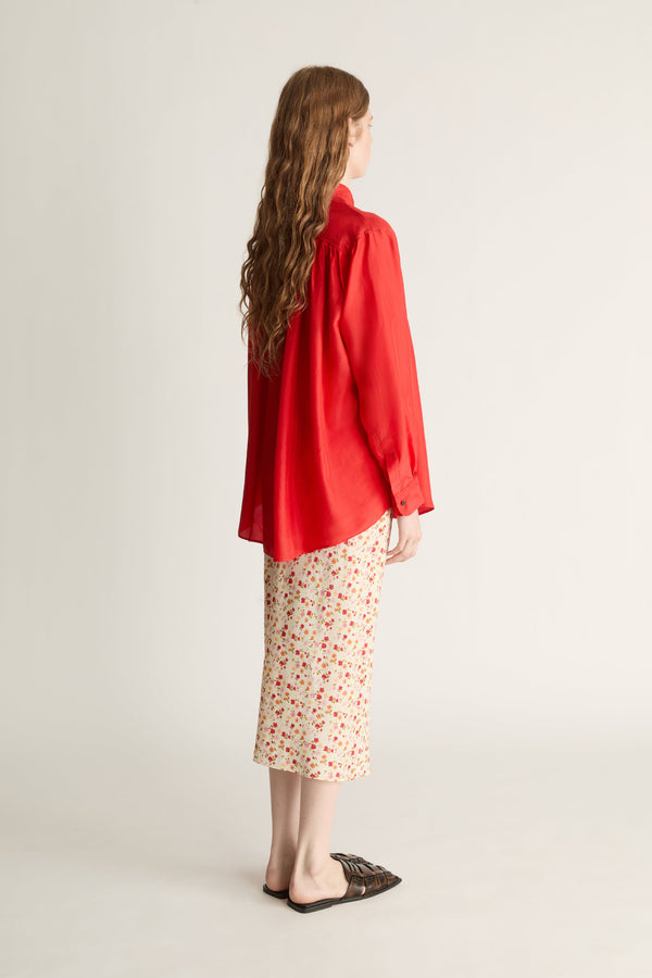 Person wearing a red shirt and patterned skirt on a plain background