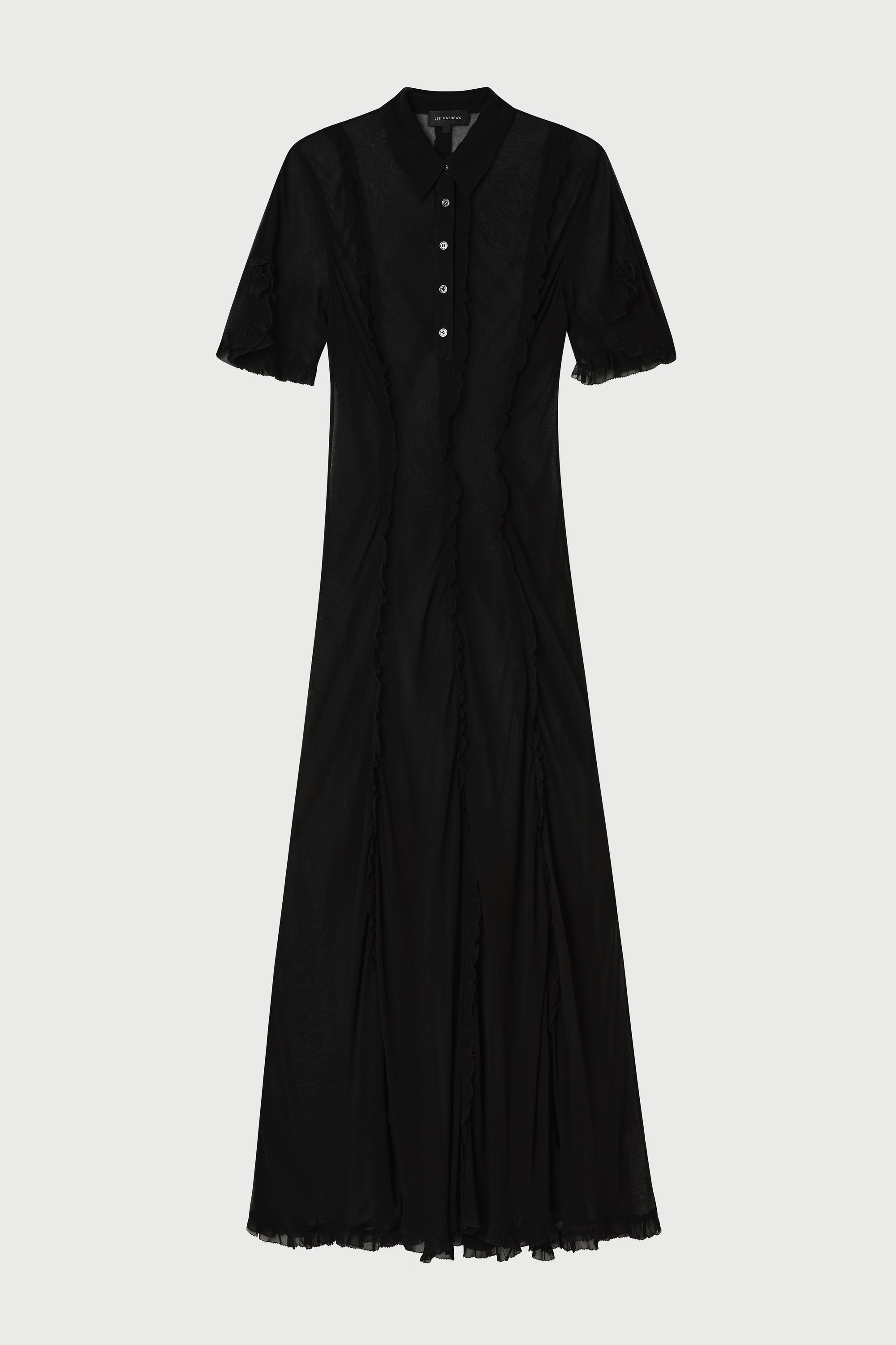 Black dress with sheer sleeves on a white background