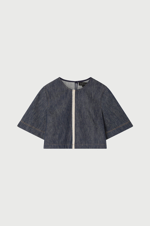 Denim top in indigo light gray background