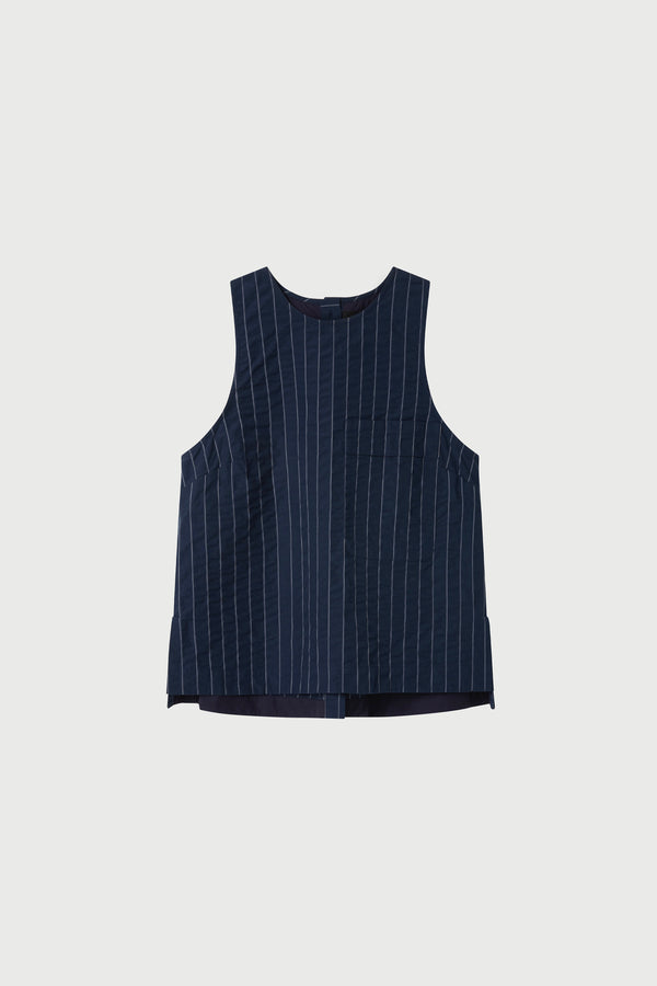 Blue pinstripe sleeveless top on a light gray background