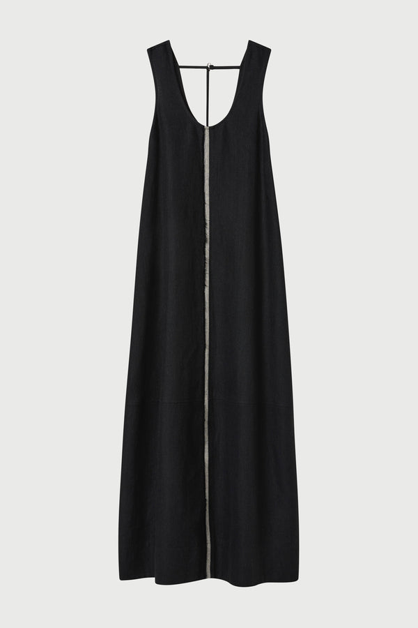 Black sleeveless dress on a light gray background