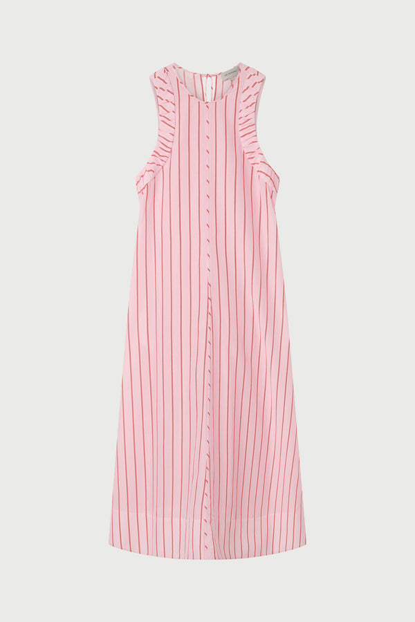 Pink and white striped dress on a light gray background
