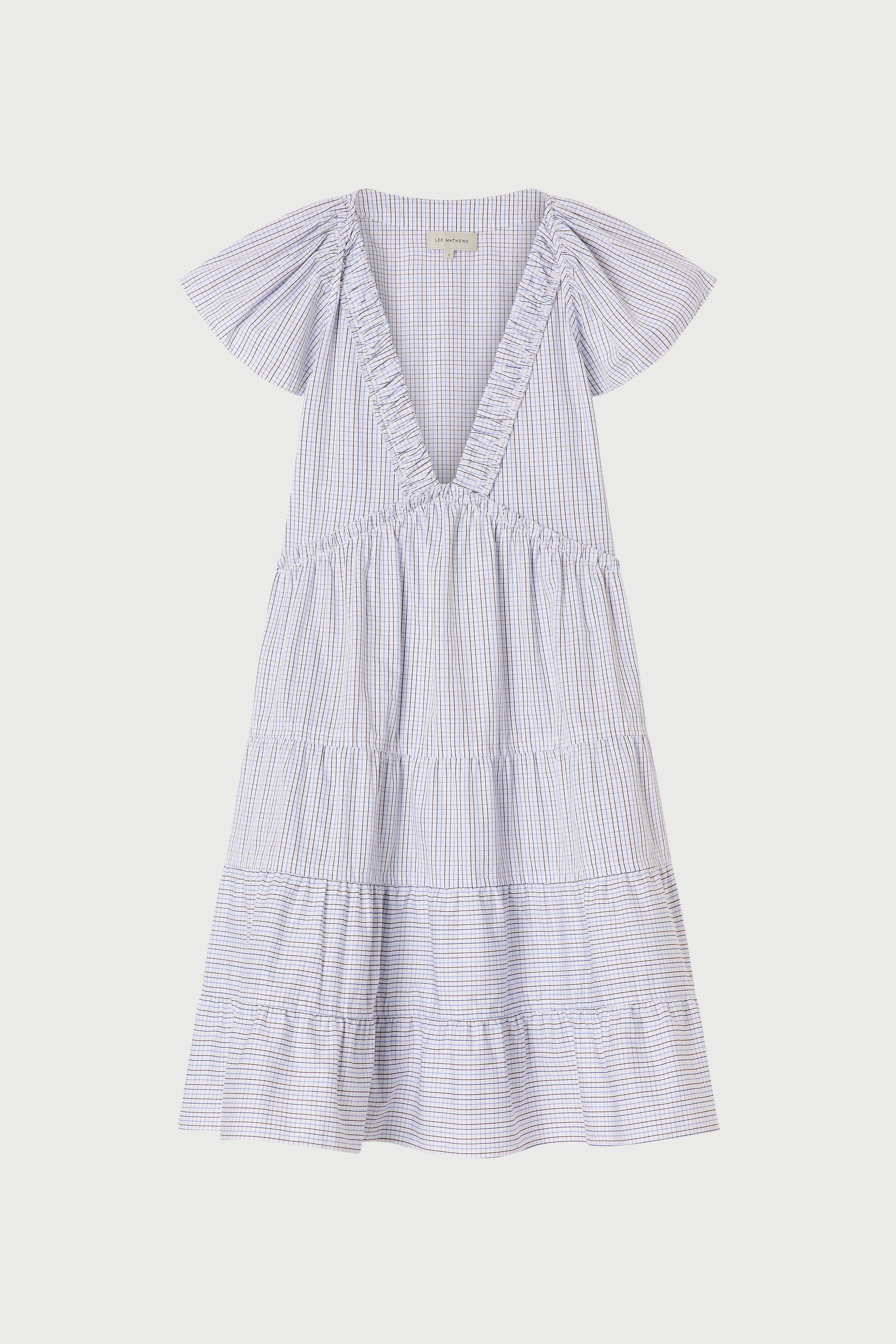 Striped dress with ruffled sleeves on a white background