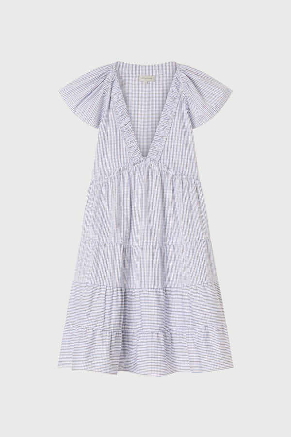 Striped dress with ruffled sleeves on a white background